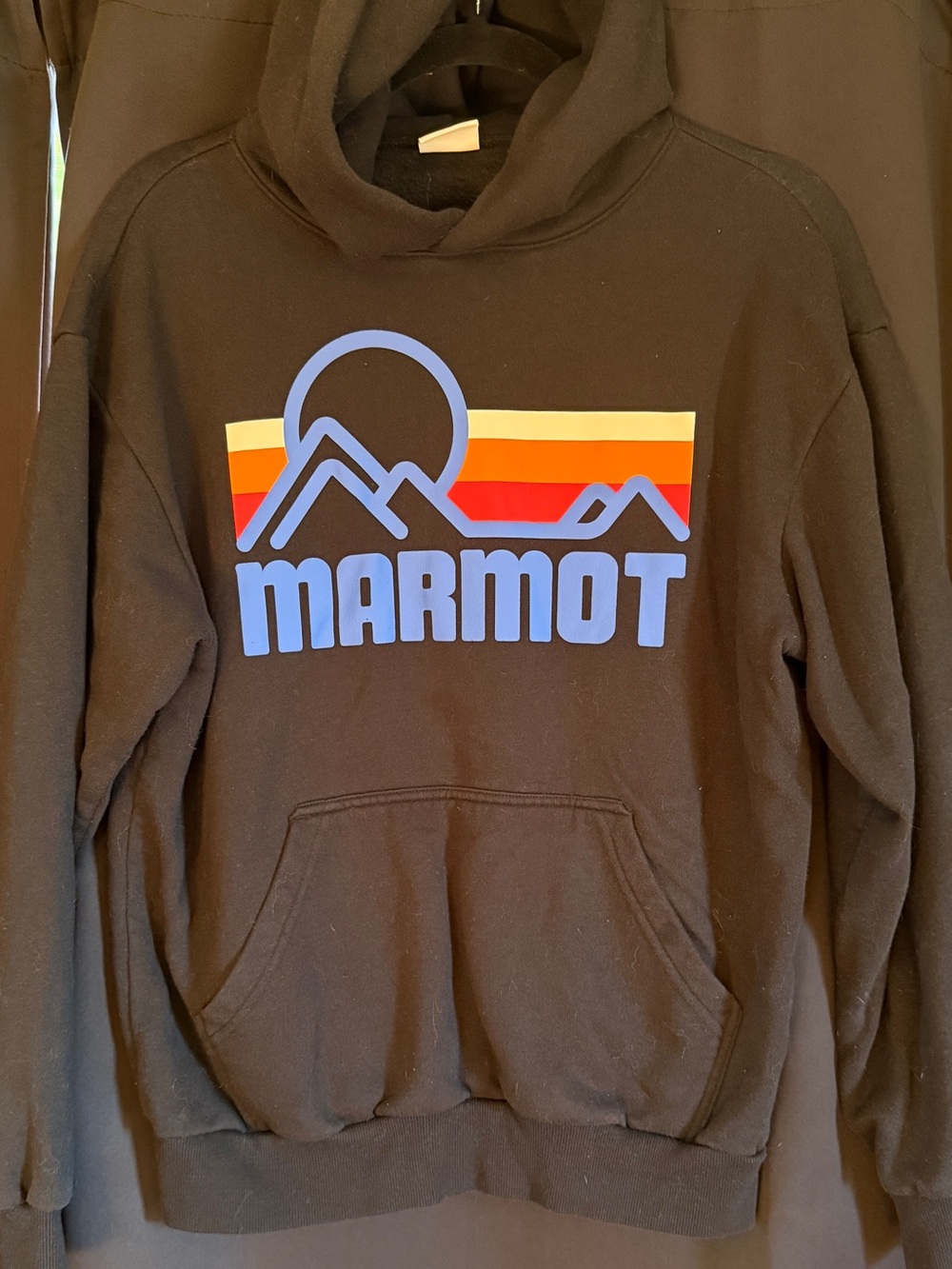 Marmot Black Hoodie with Blue Logo and Sunset Stripe